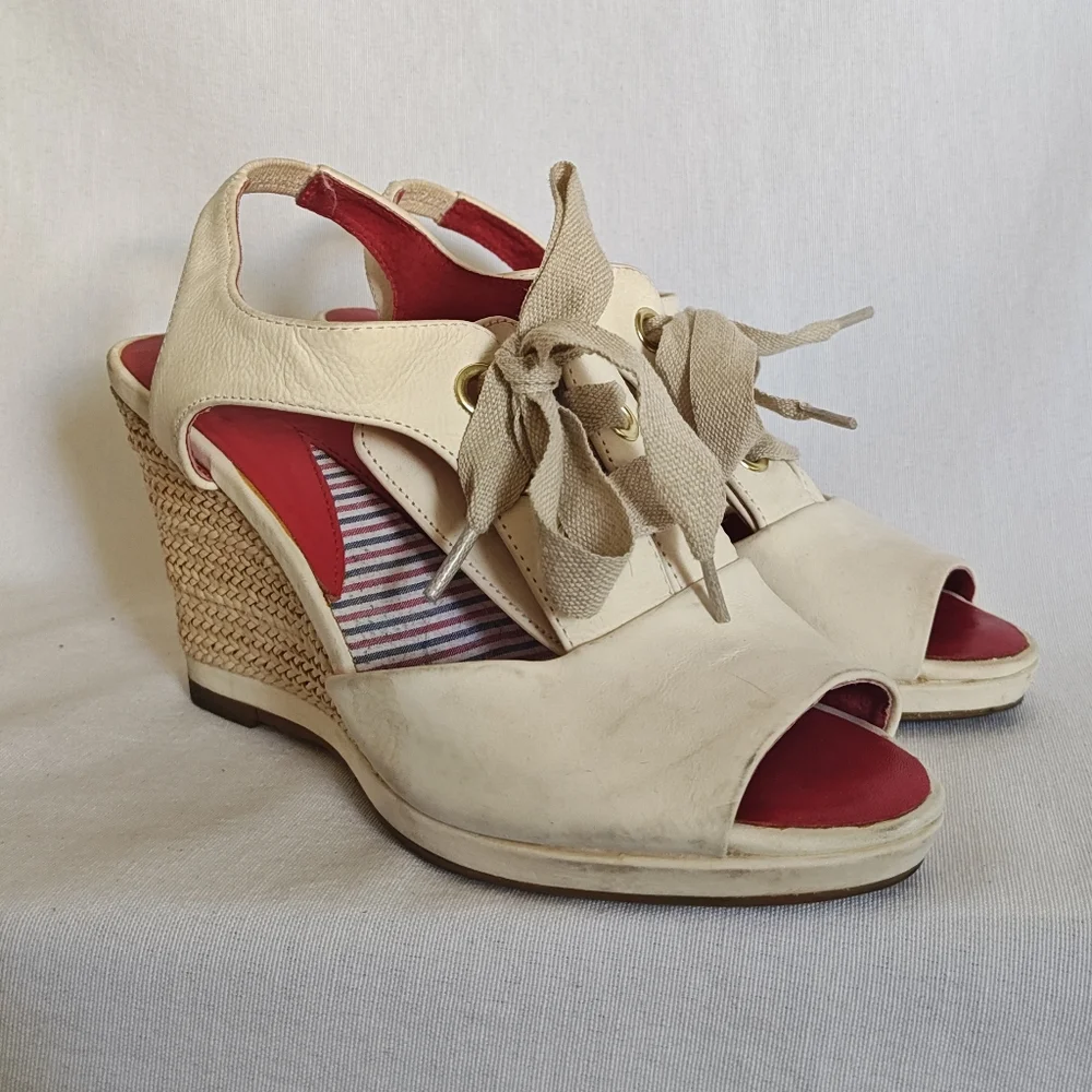 Johnston & Murphy Wedge Sandals Lace Up Espadrilles Cream 6.5 Leather‎ Natural